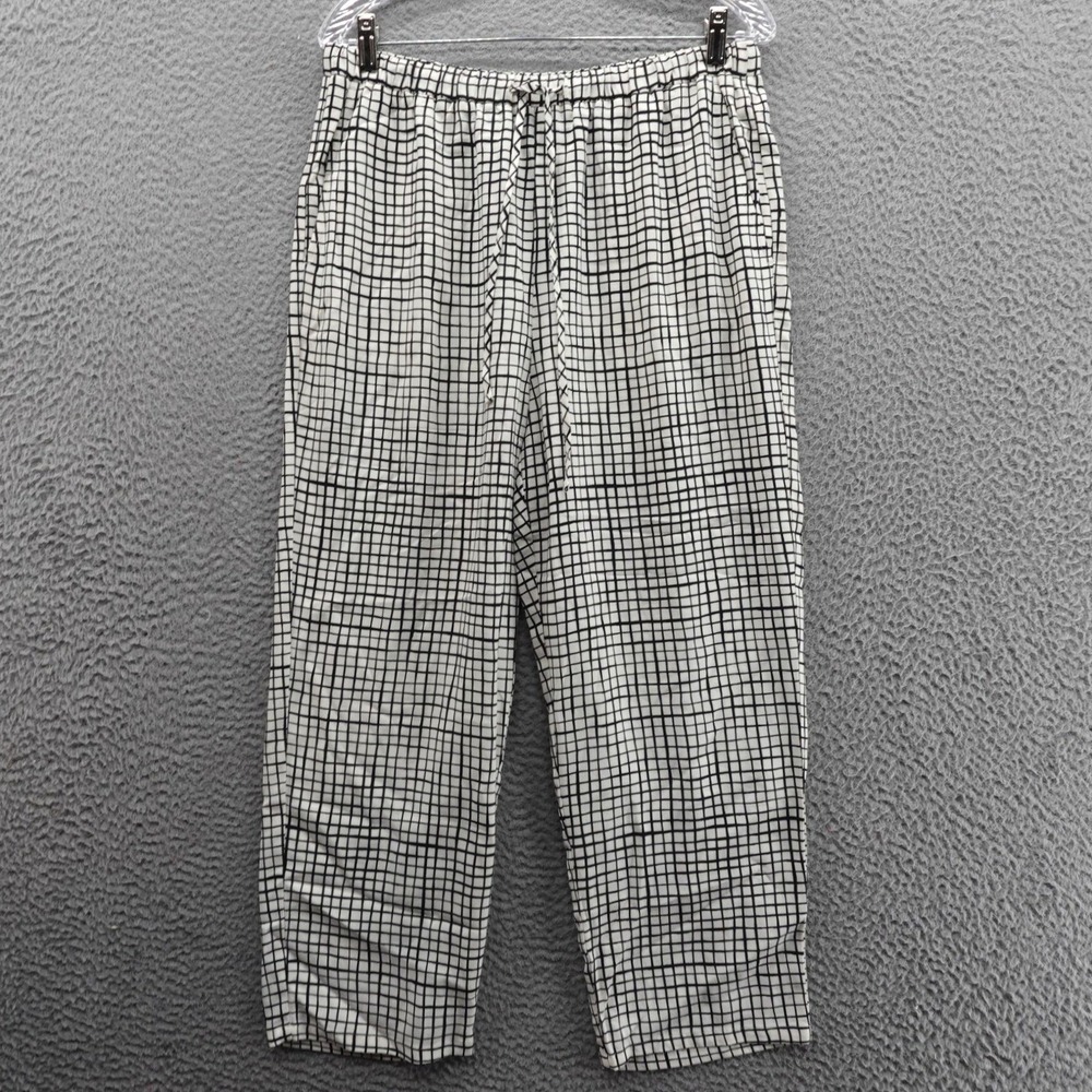 Eileen Fisher Grid Cropped Pull On Pants Small White Black Womens Drawstring